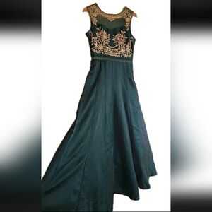 Dark Emerald Green Sleeveless Indian Anarkali Beaded Prom Costume Gown